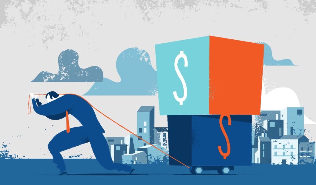 Uomo che fa fatica a portare scatole pesanti con il simbolo del dollaro. Concetto per peso delle tasse, debiti finanziari, fatica di pagare gli interessi agli creditori - Thor Wealth Managment, Inc. Disappearing Pension