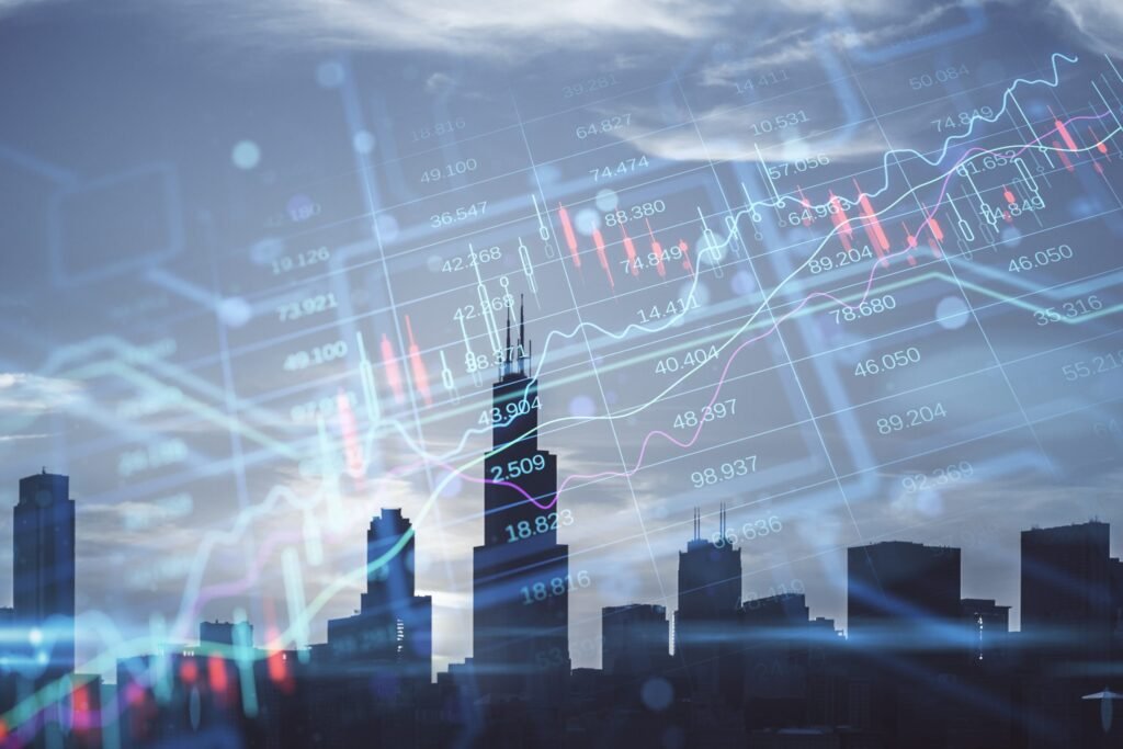 Business and financial report concept with perspective view on digital rising stock market candlestick and diagram on city skyline background, double exposure - Thor Wealth Managment, Inc.