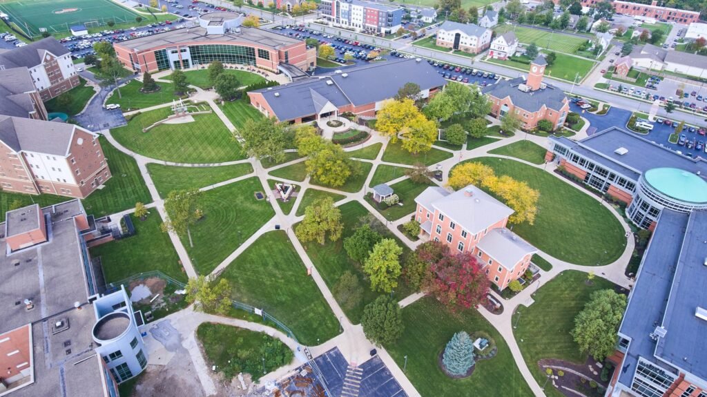 Aerial of grounds of college campus in northeast Indiana - Thor Wealth Managment, Inc. 529 accounts