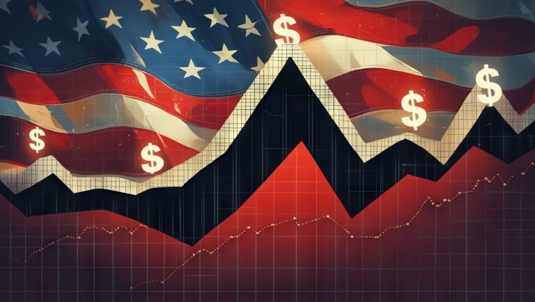 Economic decline in the United States marked by falling stock values reduced GDP growth and a downward trend graph set against the US flag symbolizing a national financial crisis - Thor Wealth Managment, Inc. Jim Gore presenting a chart on National Debt and Money Supply trends