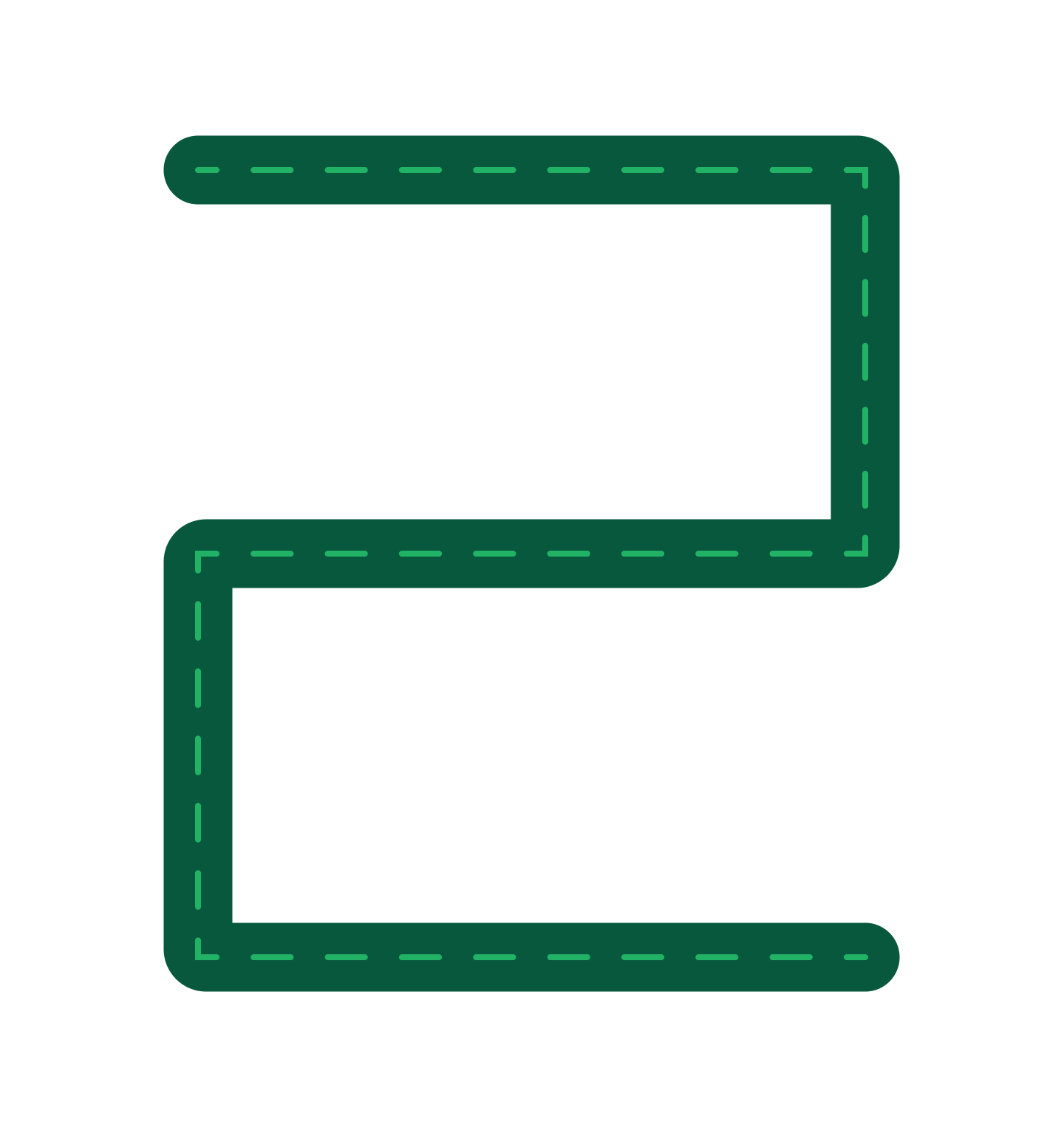 Decorative graphic: a green rounded corner frame with dashed inner edges, forming an abstract track on a white background