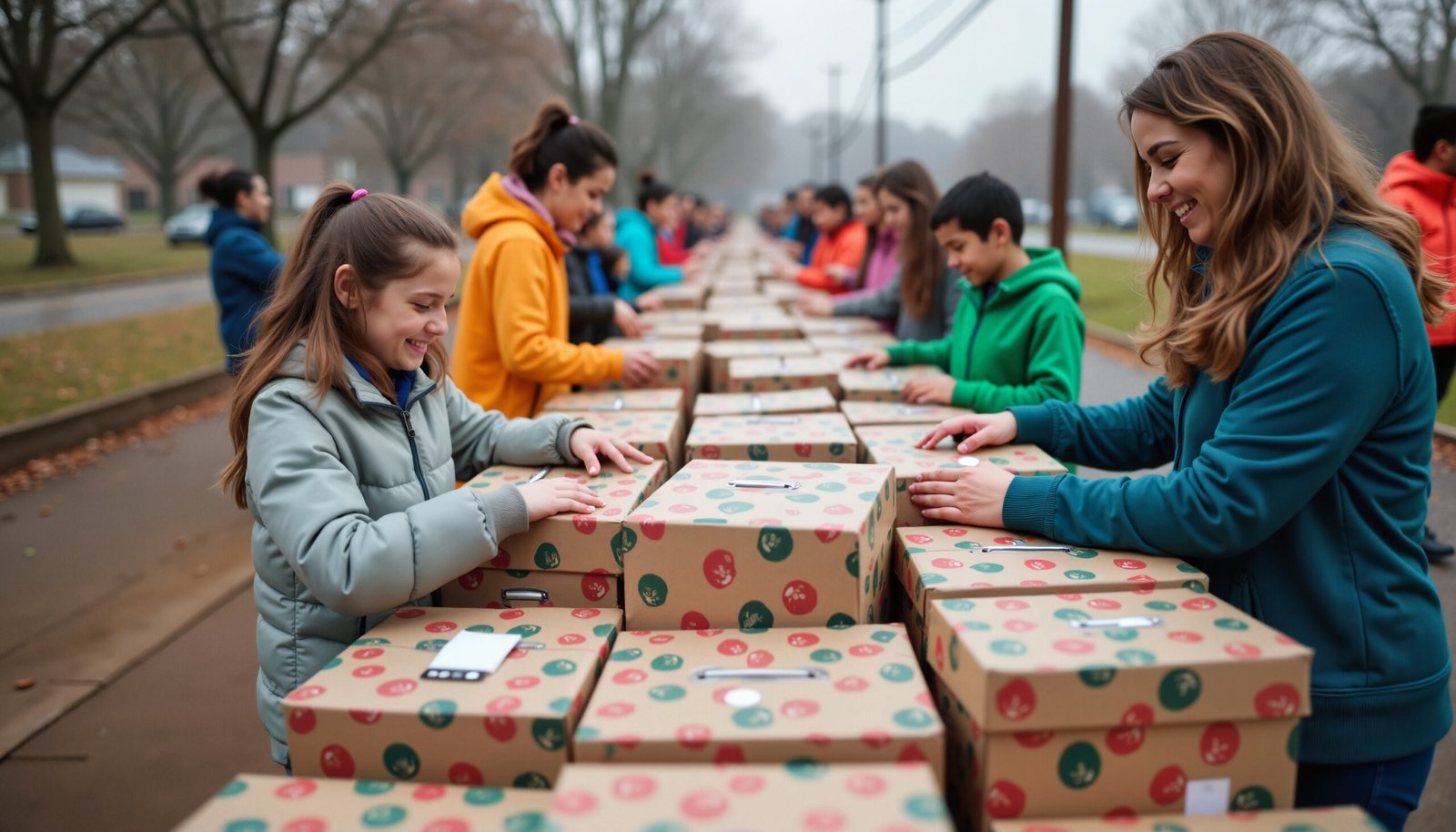 A mother and daughter smiling while packing donation boxes at a community charity event.