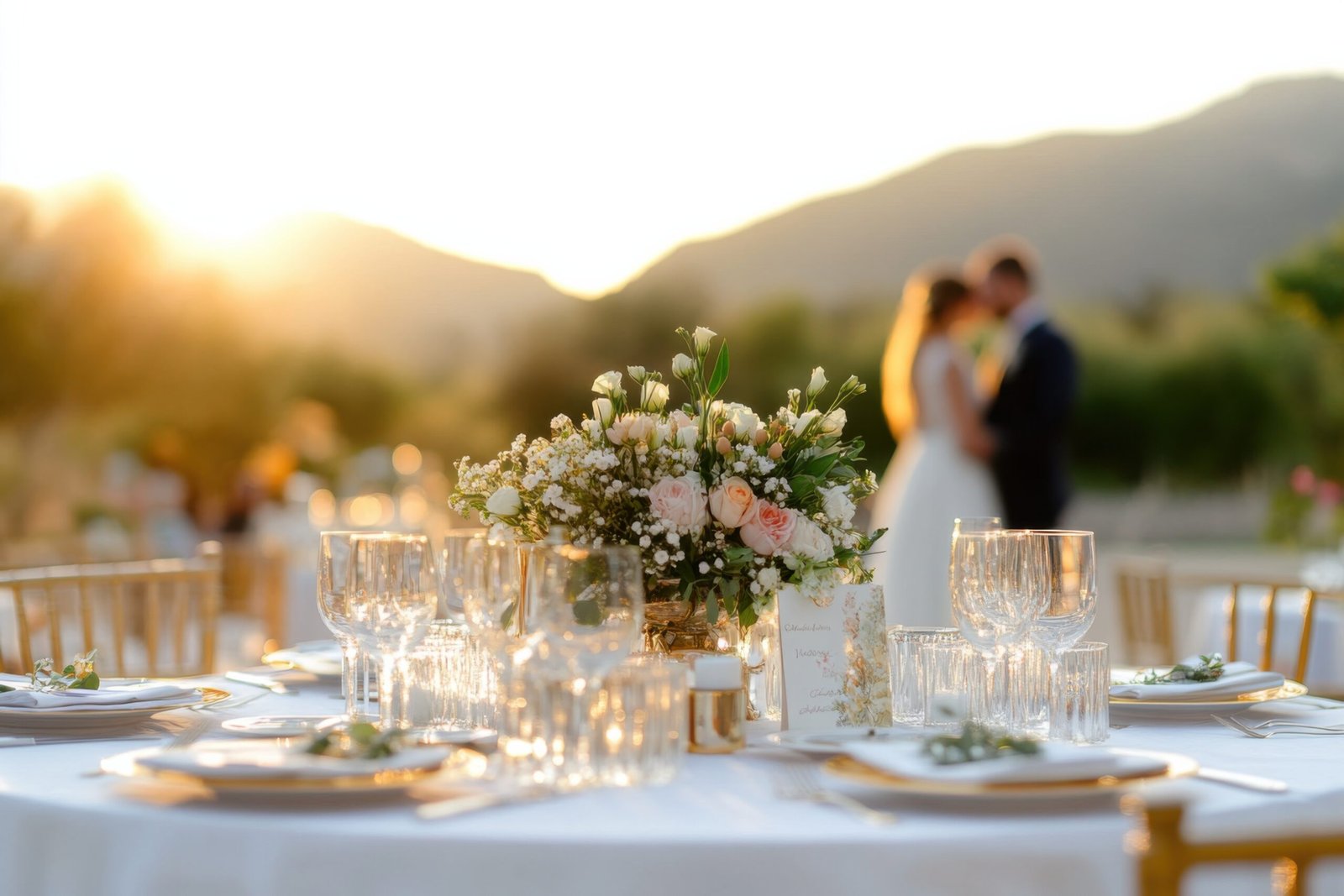 Starting a life and financial partnership together. - Thor Wealth Managment, Inc. Wedding reception table setting at sunset with a newlywed couple embracing in the blurred background.